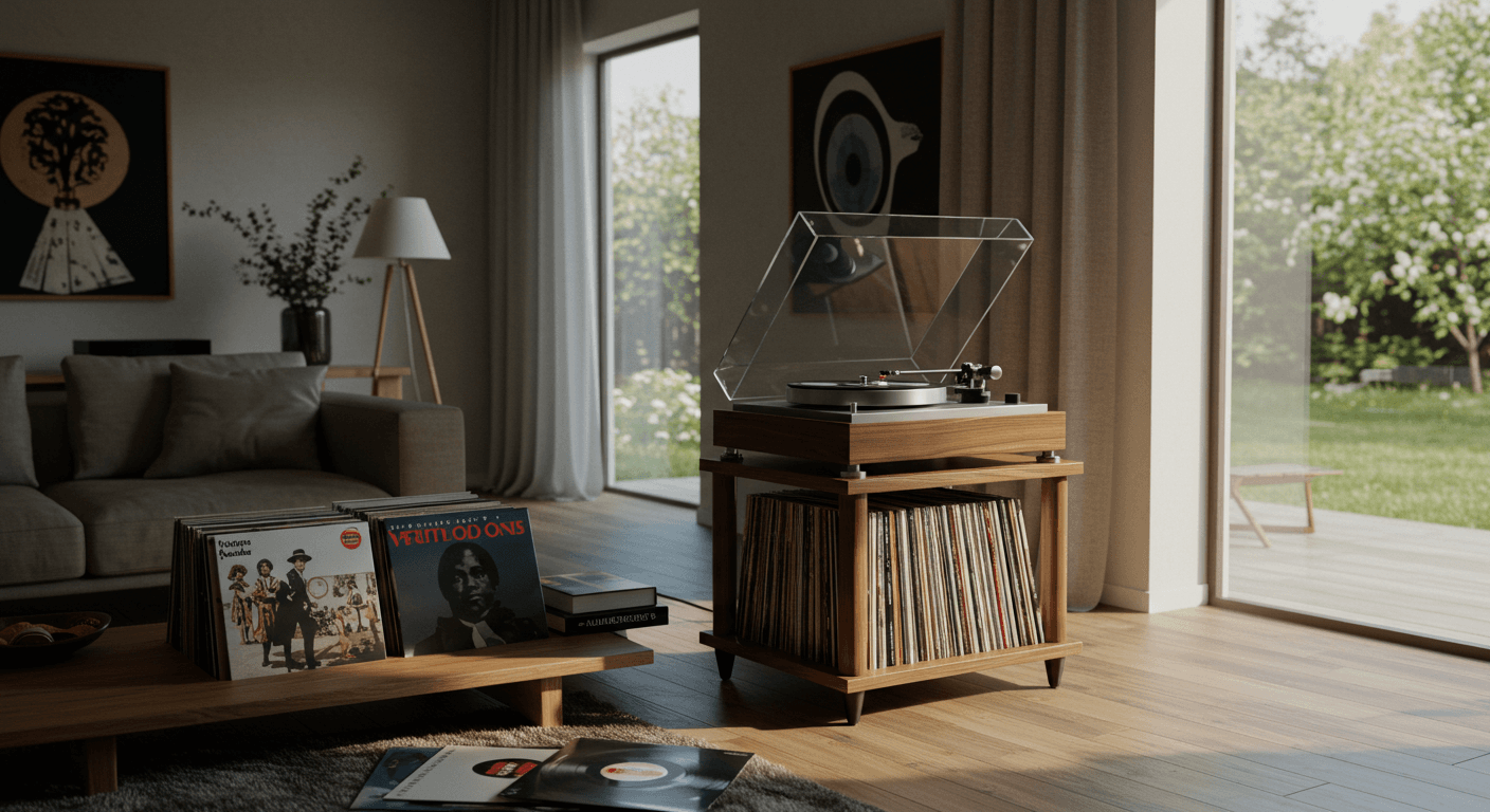 Een stijlvolle platenspeler met een vinyl plaat erop midden in een woonkamer