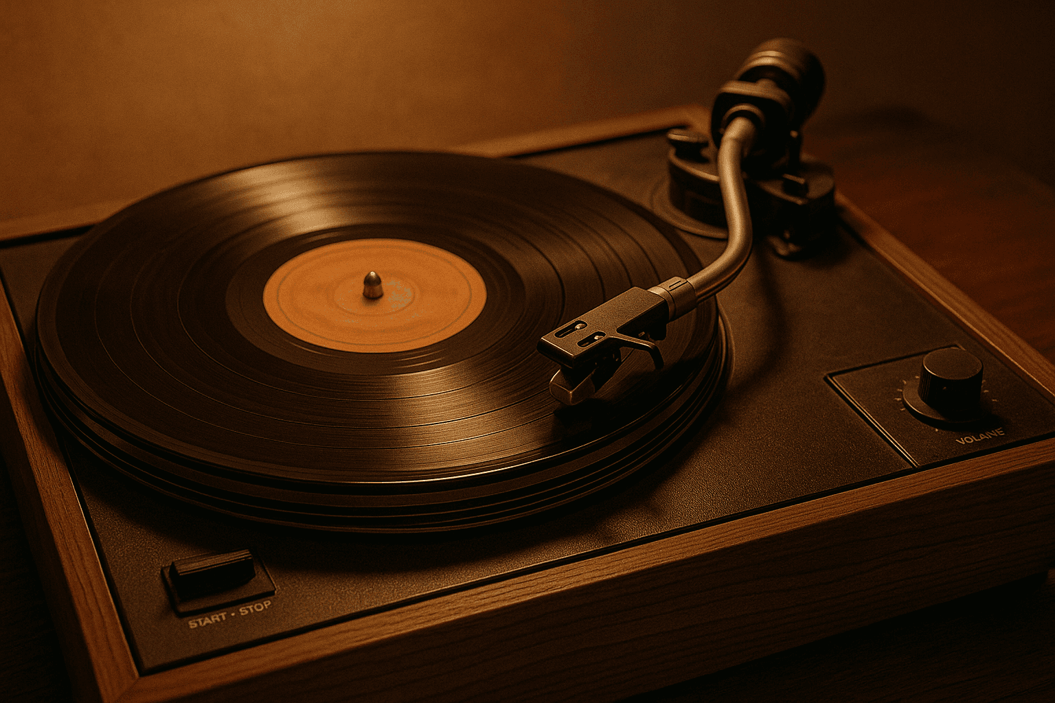 Een vintage platenspeler die een klassieke vinylplaat afspeelt, met een warme, nostalgische sfeer.