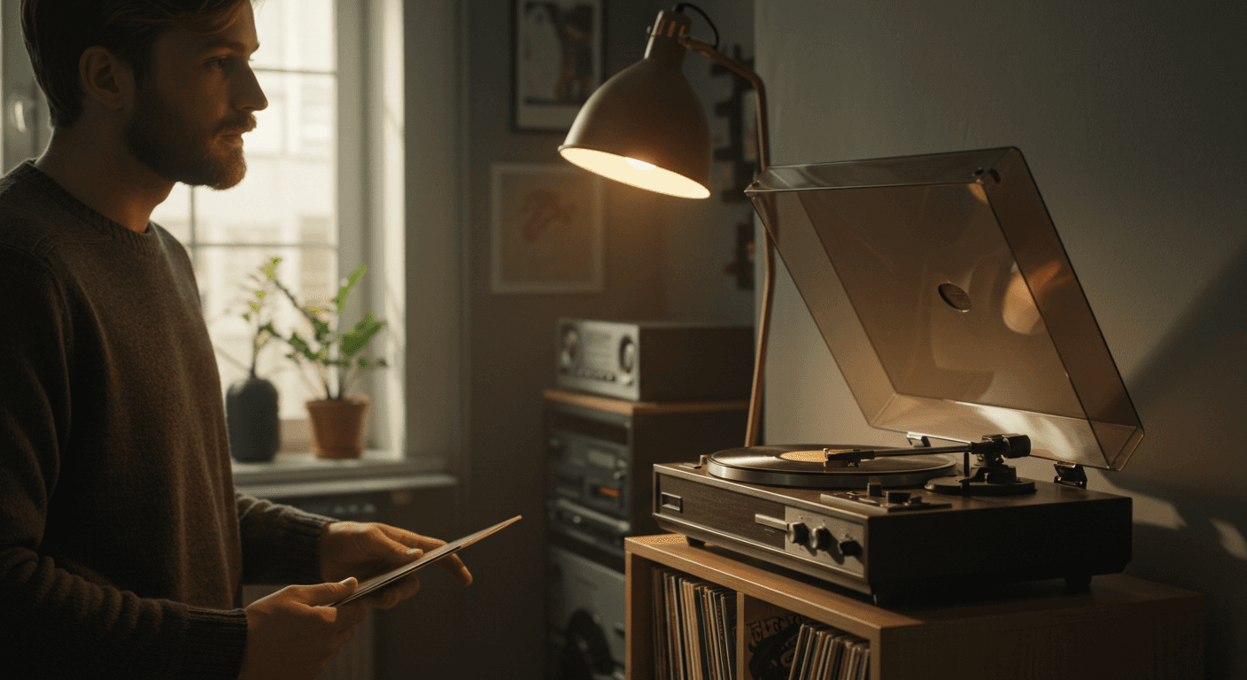 Een platenspeler en verzameling voor een beginnende vinylverzamelaar, uitgezoomd. Iemand bewondert.