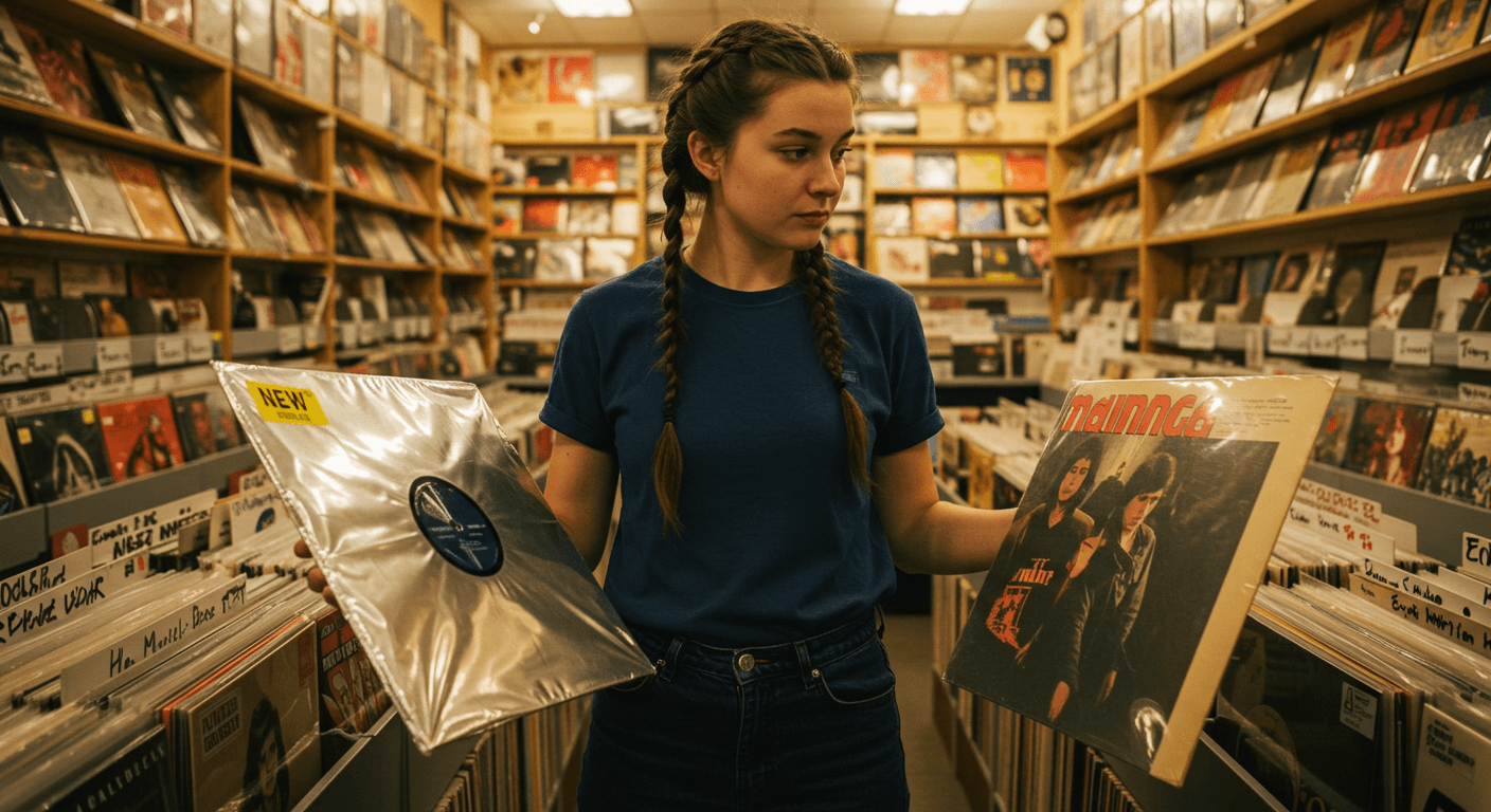 Persoon die twijfelt tussen een nieuwe vinylplaat in folie en een tweedehands plaat in een platenzaak